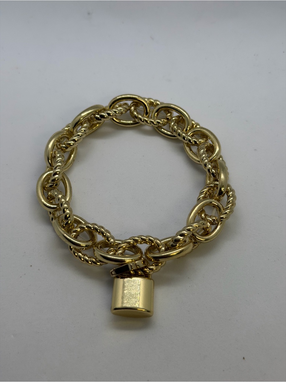 Gold Tone Link Bracelet with Padlock Charm - stretch